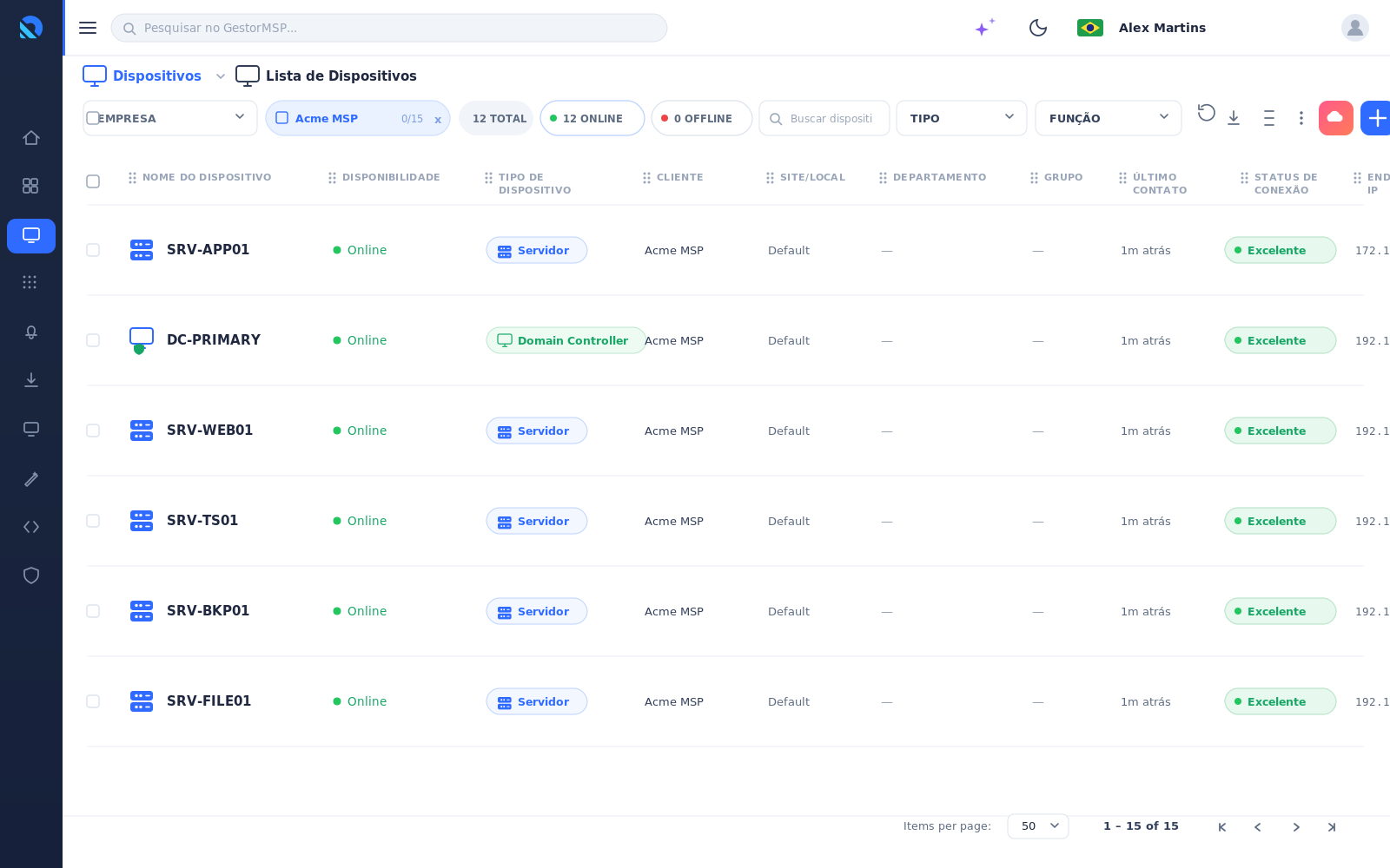 Lista de dispositivos do GestorMSP com painel de detalhes ao vivo