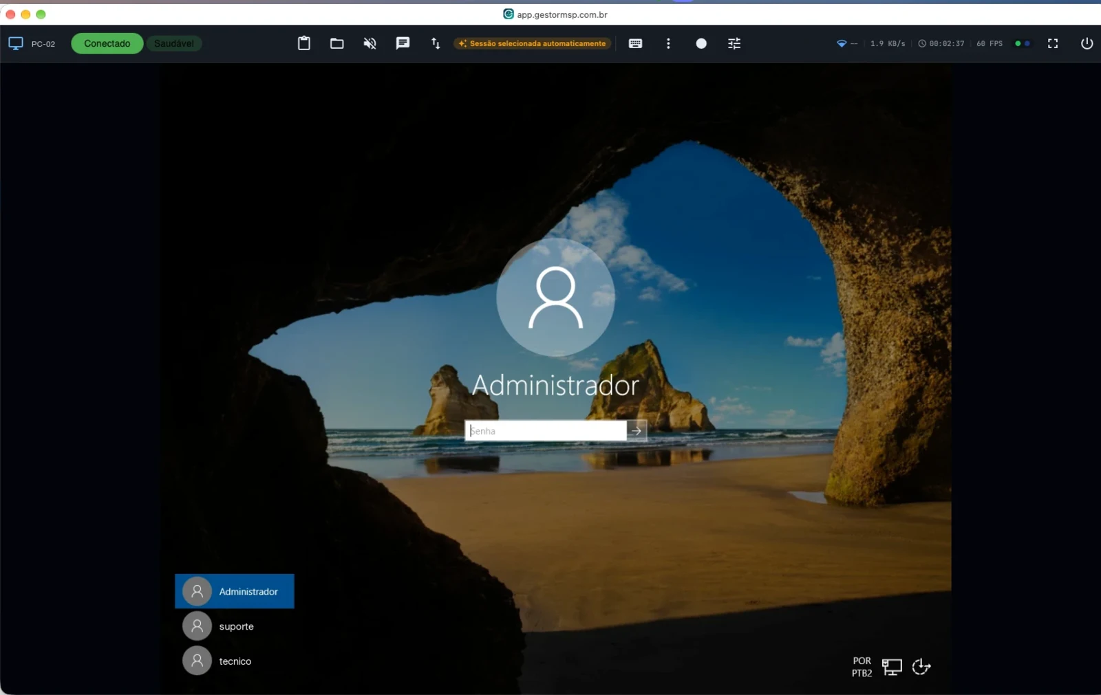 Sessão de acesso remoto no navegador, com a barra de ferramentas do GestorMSP sobre a tela do dispositivo Windows